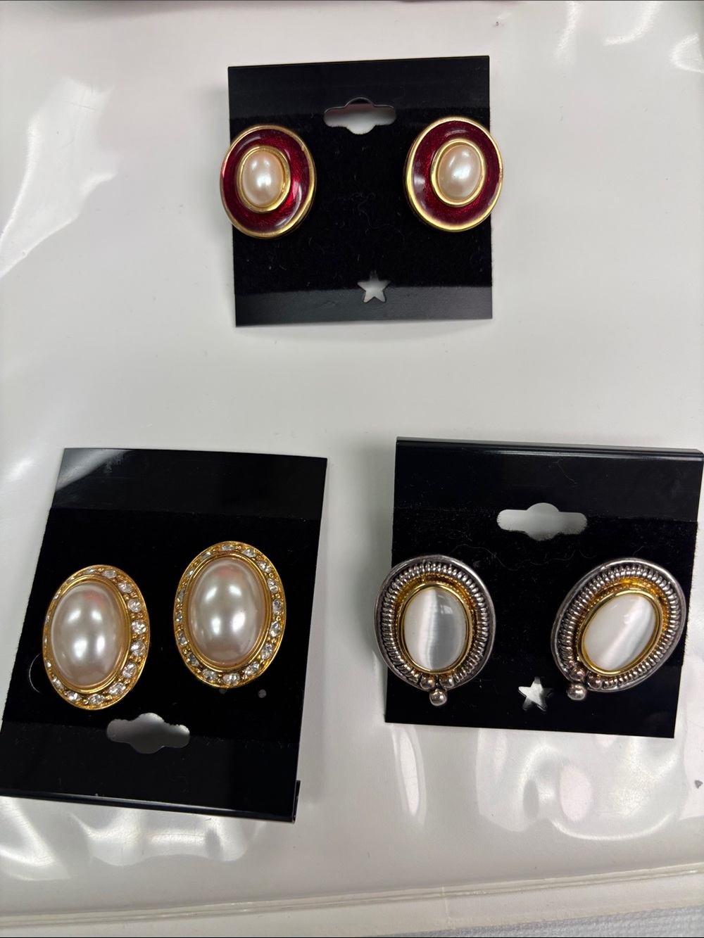 Multiples Oval Pearl-Accent Earrings in Gold and Red - Bundle of three